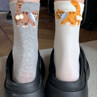 白色袜子女款 纯棉搞怪灰色长袜可爱猫咪蛋蛋袜 中筒袜夏季