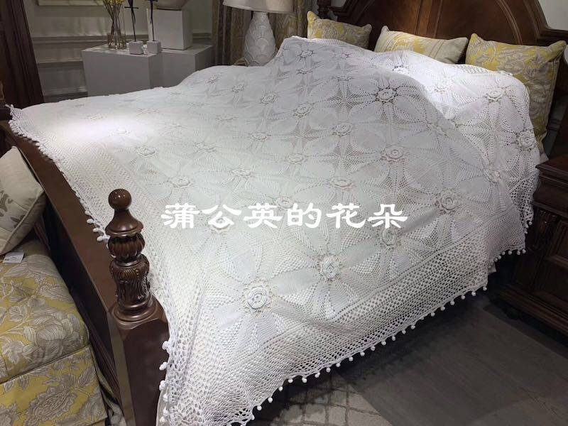 出口原单 纯白色美式乡村复古纯棉高档手工钩针钩花床盖