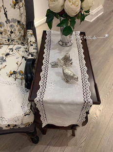 出口原单纯麻白色，手工梭子花边，手工绣花布艺桌旗，桌布