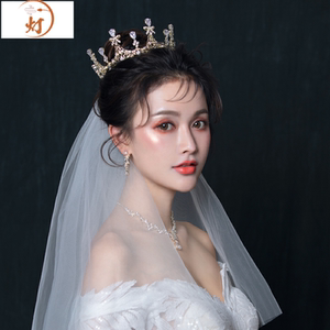 。奢华大气皇冠新娘头饰超仙生日网红白纱婚纱结婚三件套头冠成年