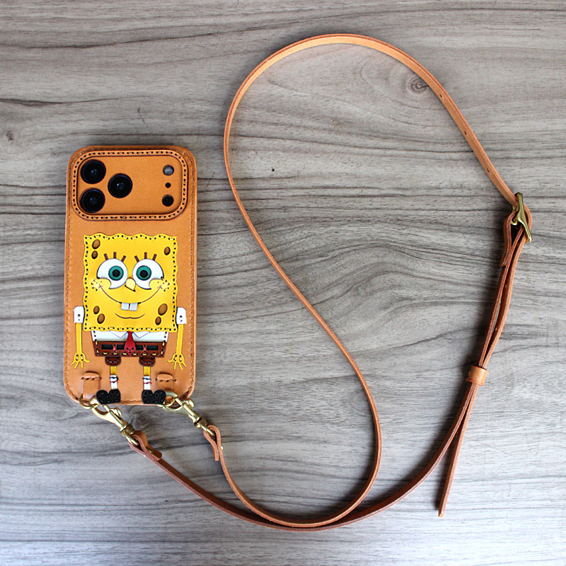 手工定制适配华为苹果17Promax16海绵宝宝真皮手机壳纯牛皮保护套