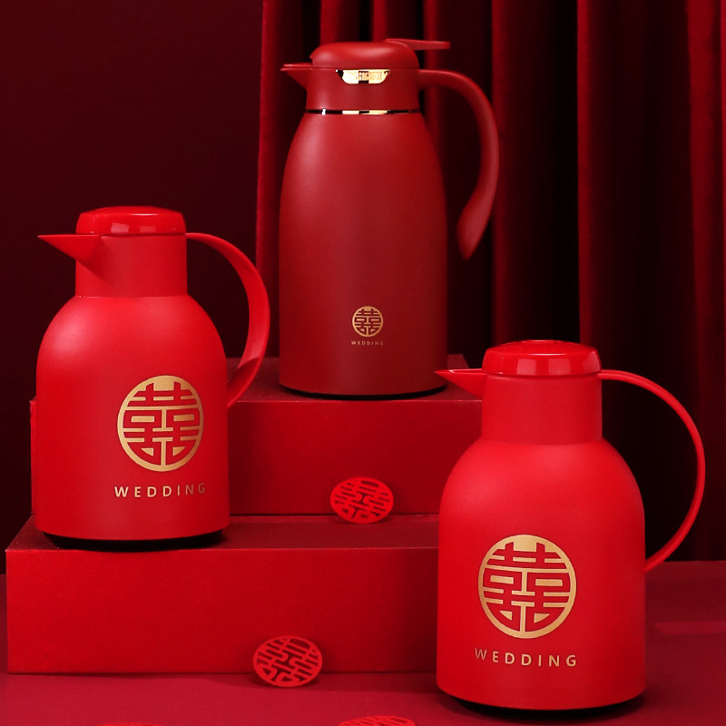 结婚保温壶红色一对大容量热水瓶