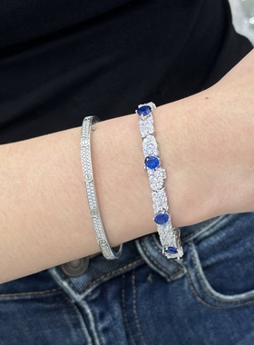 珠宝级爆闪高碳钻蓝钻手链通体925纯银富婆名媛老钱风晚宴首饰女