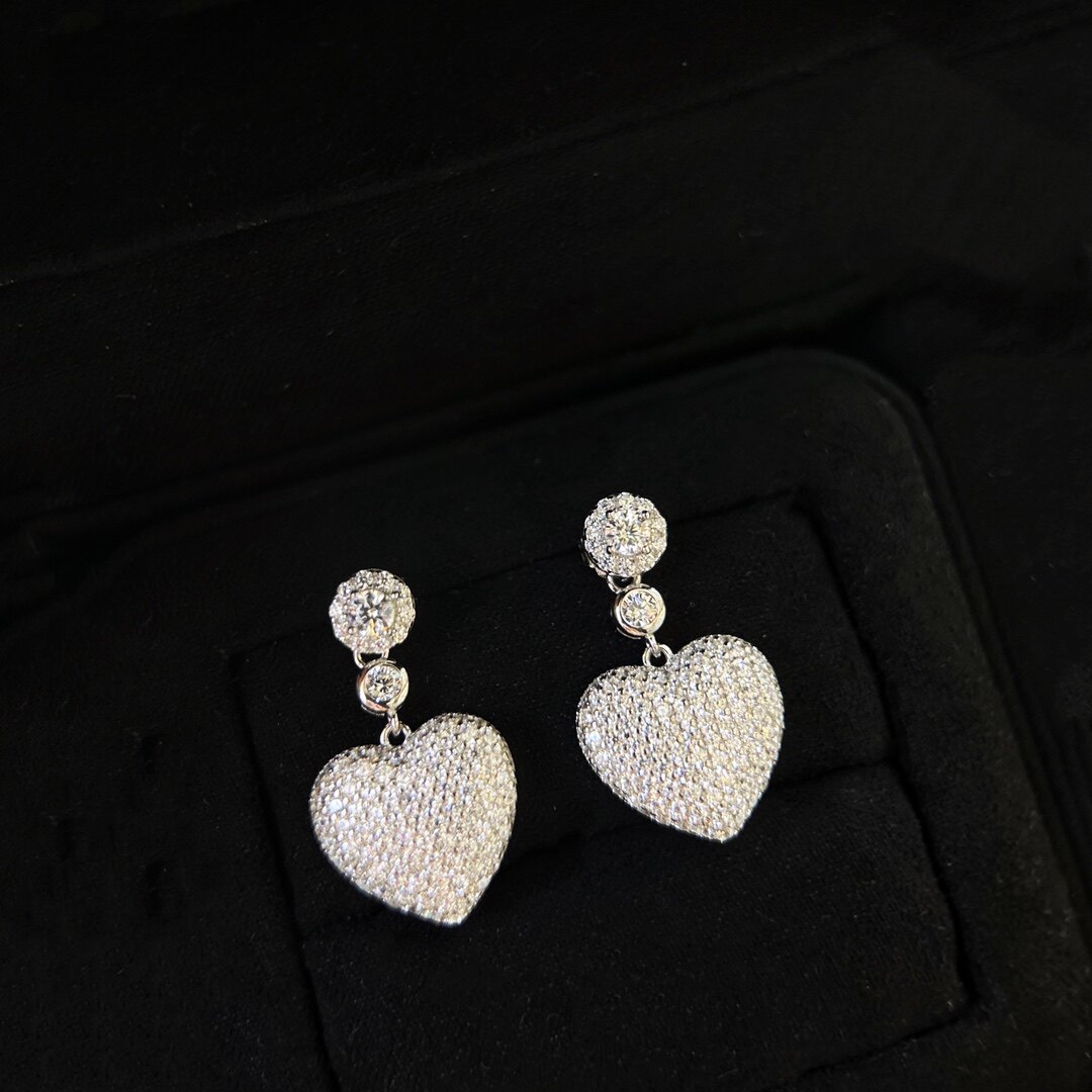 欧美立体爱心形满钻耳环通体925纯银耳吊blingbling闪钻礼物女