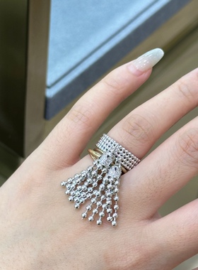 欧美高级感流苏圆珠戒指通体925纯银个性嘻哈街拍女戒高级感首饰