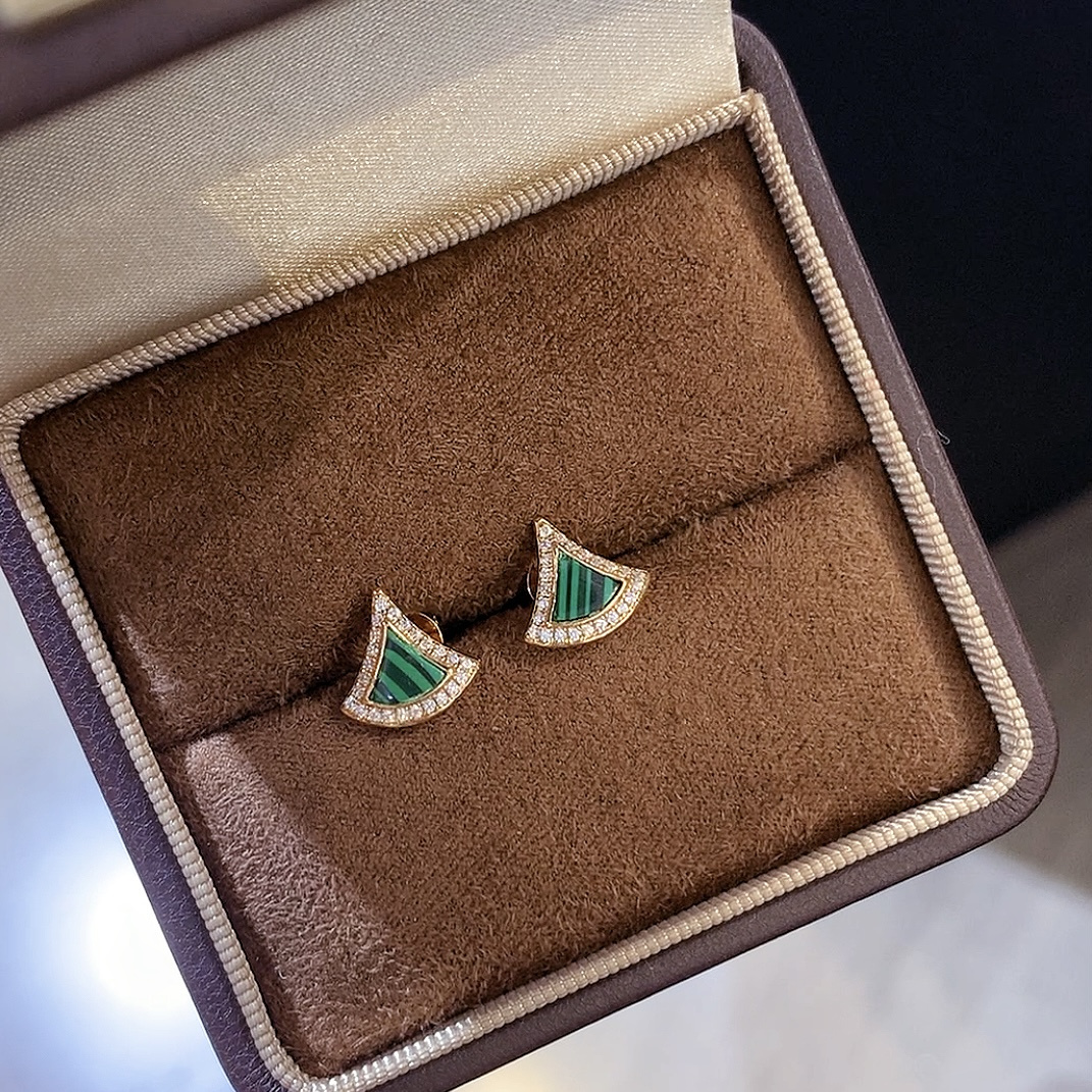 小巧孔雀石扇形耳钉通体925纯银三角形百搭明星同款耳环轻奢高级