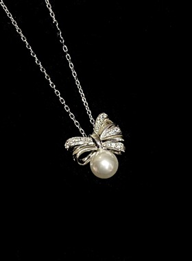 不规则蝴蝶结珍珠项链通体925纯银镀金锁骨链时尚百搭女小众设计