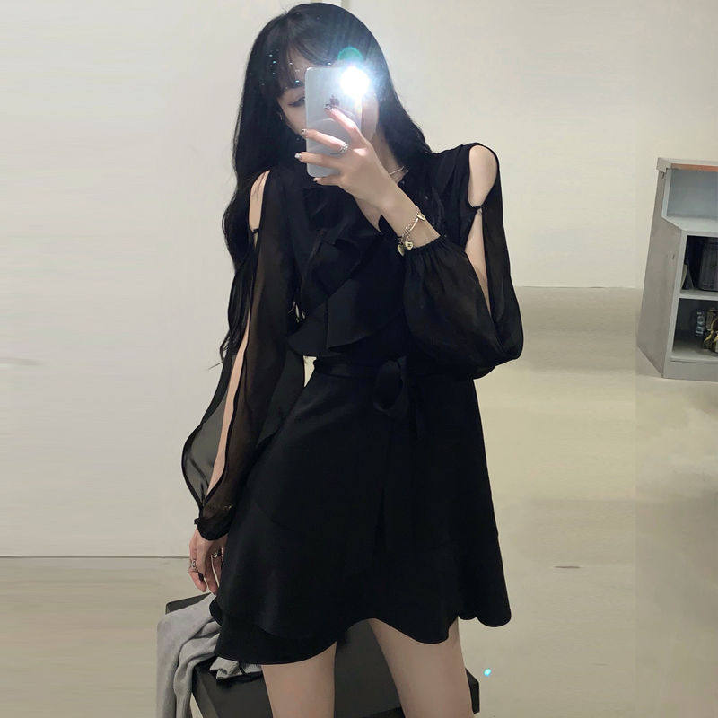 显瘦韩版性感荷叶边鱼尾裙春秋季学生显瘦收腰V领连衣裙子