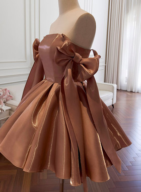 高端轻奢女装咖色复古风缎面布气质成人礼公主裙年会生日聚会礼服