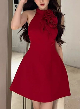 轻奢女装红色玫瑰有光泽感缎面连衣裙夏季平时可穿气质高级感裙子
