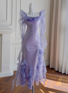 高端轻奢女装浅紫色亮片荷叶边吊带连衣裙仙女长裙成人礼晚宴礼服