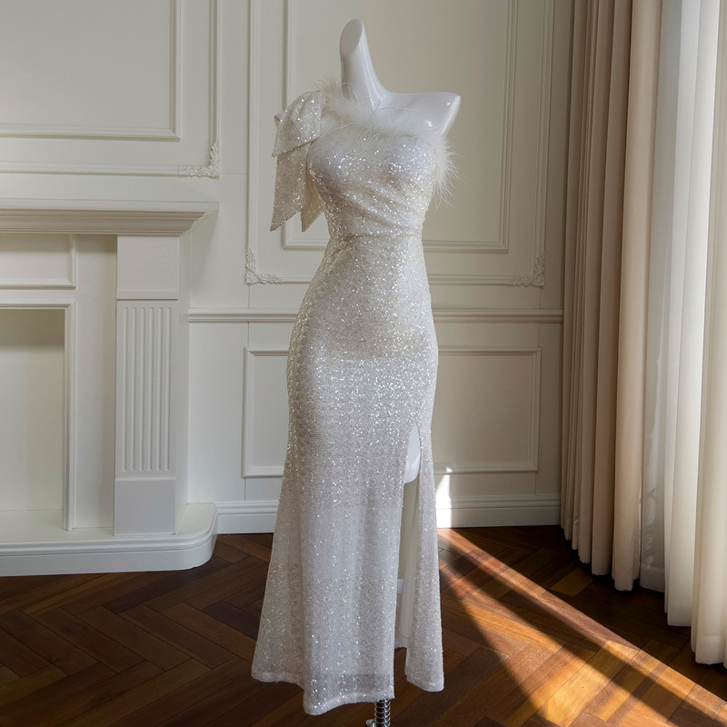 礼服单肩鱼尾裙亮片鸵鸟毛成人礼