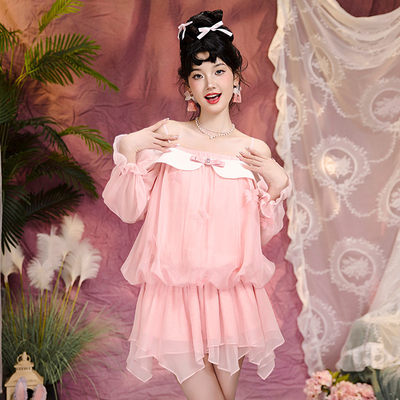 礼服吊带短裙蝴蝶结甜美网纱粉色