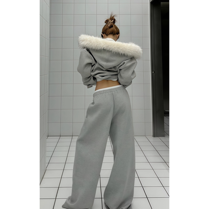 美式辣妹卫衣外套女秋冬季宽松毛毛领连帽开衫上衣直筒卫裤阔腿裤