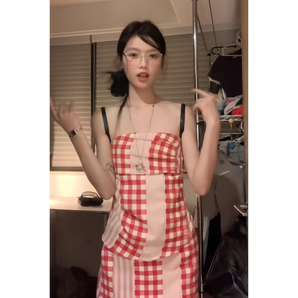 原SUN11 STUDIO复古红格子修身抹胸上衣小众设计感花瓶裙套装女夏