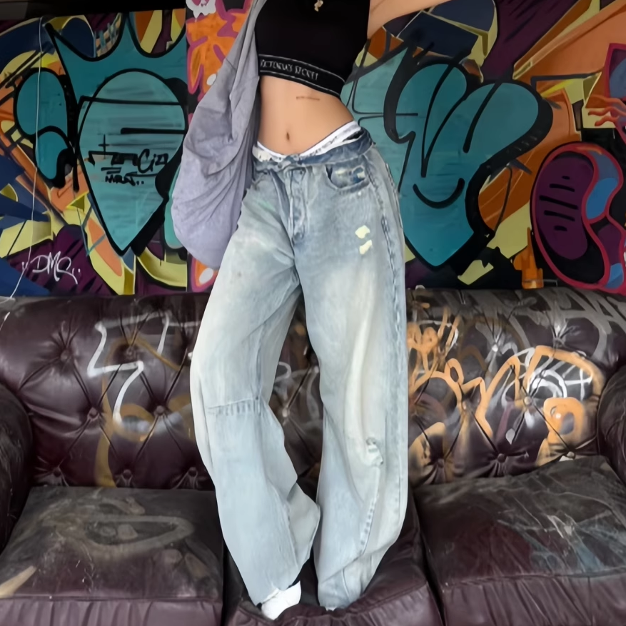 美式复古弯刀阔腿牛仔裤女秋夏季2025新款宽松显瘦毛边拖地裤子