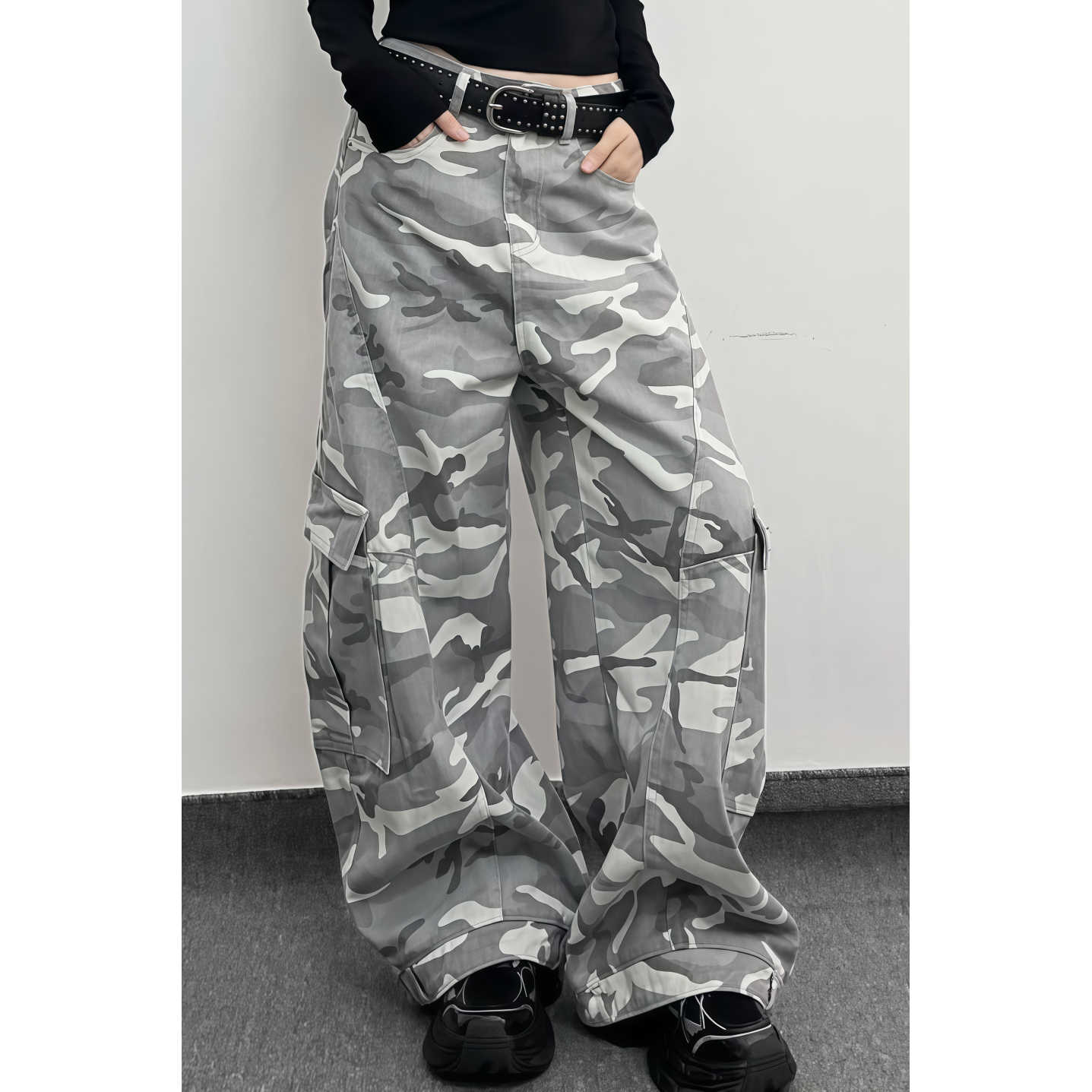 美式高街迷彩水洗阔腿弯刀牛仔裤男女2025新款秋冬季宽松直筒裤子