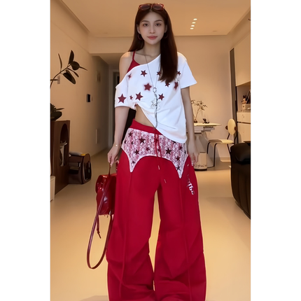 多巴胺t恤女夏季美式星星印花辣妹斜肩上衣蕾丝拼接阔腿休闲长裤