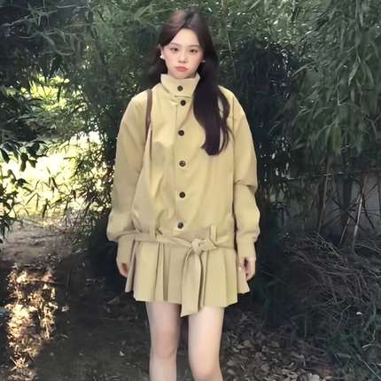 原SUN11 STUDIO韩系简约小个子气质秋卡其色立领风衣百褶连衣裙女
