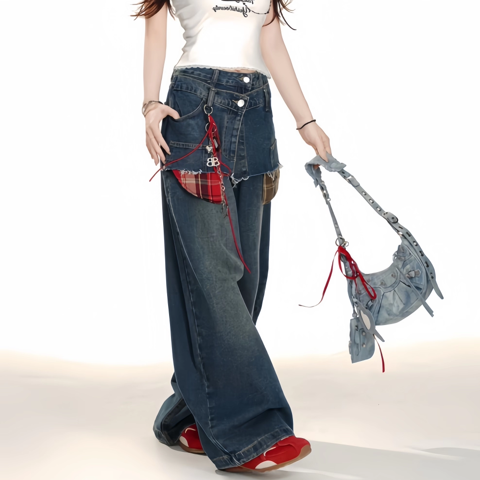 辣妹多巴胺假两件格子拼接牛仔裤女春季25美式宽松显瘦阔腿弯刀裤