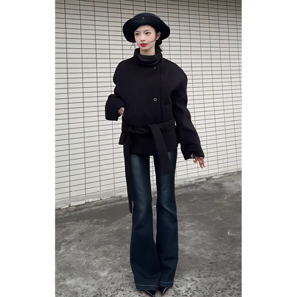 原SUN11 STUDIO女冬季毛呢外套小个子独特超好看加厚短款呢子大衣