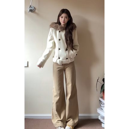 美式复古双排扣短款毛呢外套女秋冬季高级感连帽毛领加厚修身上衣