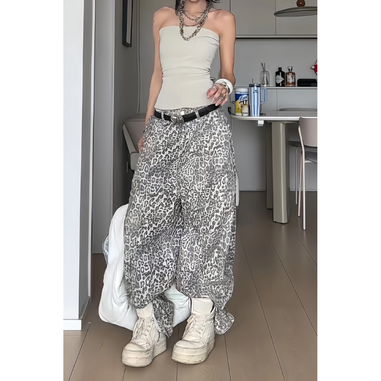 美式复古豹纹弯刀牛仔裤女秋冬季新款辣妹多巴胺宽松阔腿拖地裤子