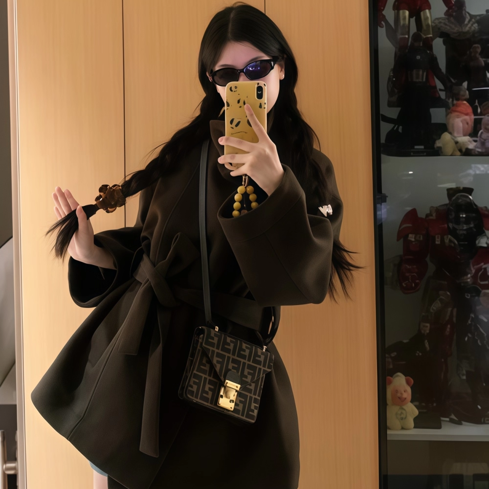 原SUN11 STUDIO复古羊毛立领短款高级气质收腰双面毛呢大衣外套女