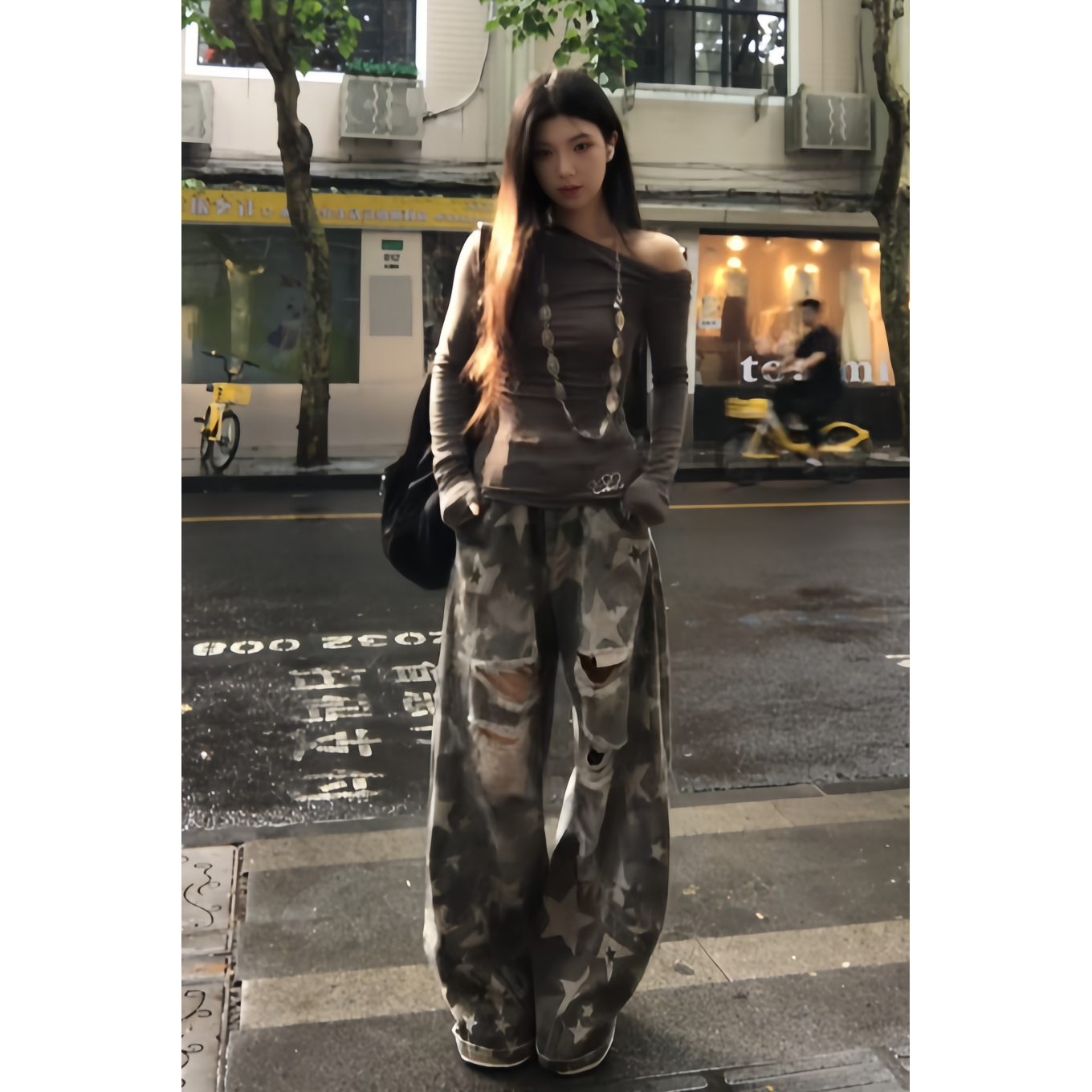 美式辣妹星星满印破洞牛仔裤女夏设计感弯刀裤子复古宽松阔腿长裤