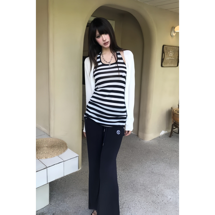 美式辣妹条纹挂脖吊带背心女新款夏季小众设计感修身美背无袖上衣