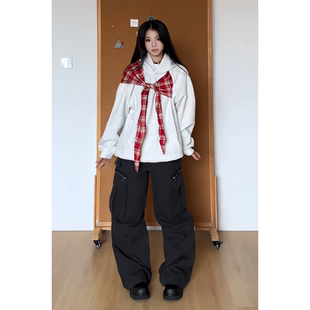 美式 复古蝴蝶结格子连帽卫衣男女秋冬季 设计感宽松休闲慵懒风帽衫