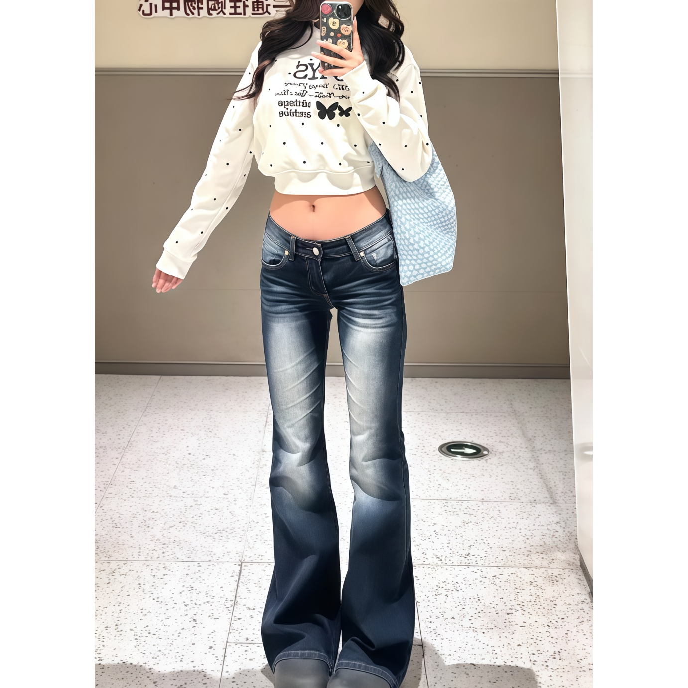 美式复古设计感低腰微喇牛仔裤女秋季修身显瘦高个子辣妹拖地裤子