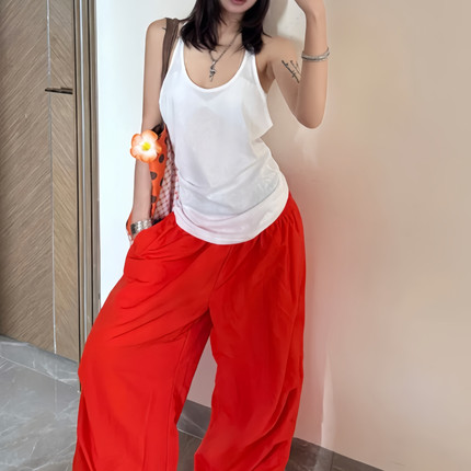 西海岸美式红色休闲裤女早秋新款宽松阔腿裤褶皱坠感oversize长裤