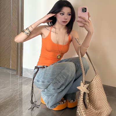 多巴胺橘色吊带背心夏季新款美式辣妹修身显瘦内搭无袖上衣ins潮