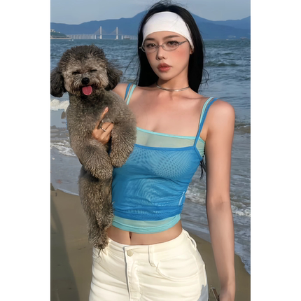 原SUN11 STUDIO设计感小众辣妹夏季海边假两件蓝色吊带背心女外穿