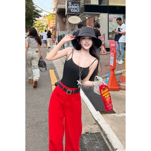 红色直筒牛仔裤2025新款阔腿长裤高腰宽松显瘦加长版垂感拖地裤子