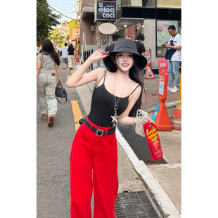 垂感拖地裤 红色直筒牛仔裤 高腰宽松显瘦加长版 阔腿长裤 子 2025新款