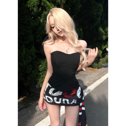 带胸垫黑色气质抹胸背心夏装性感辣妹外穿无肩带上衣夏季短款打底