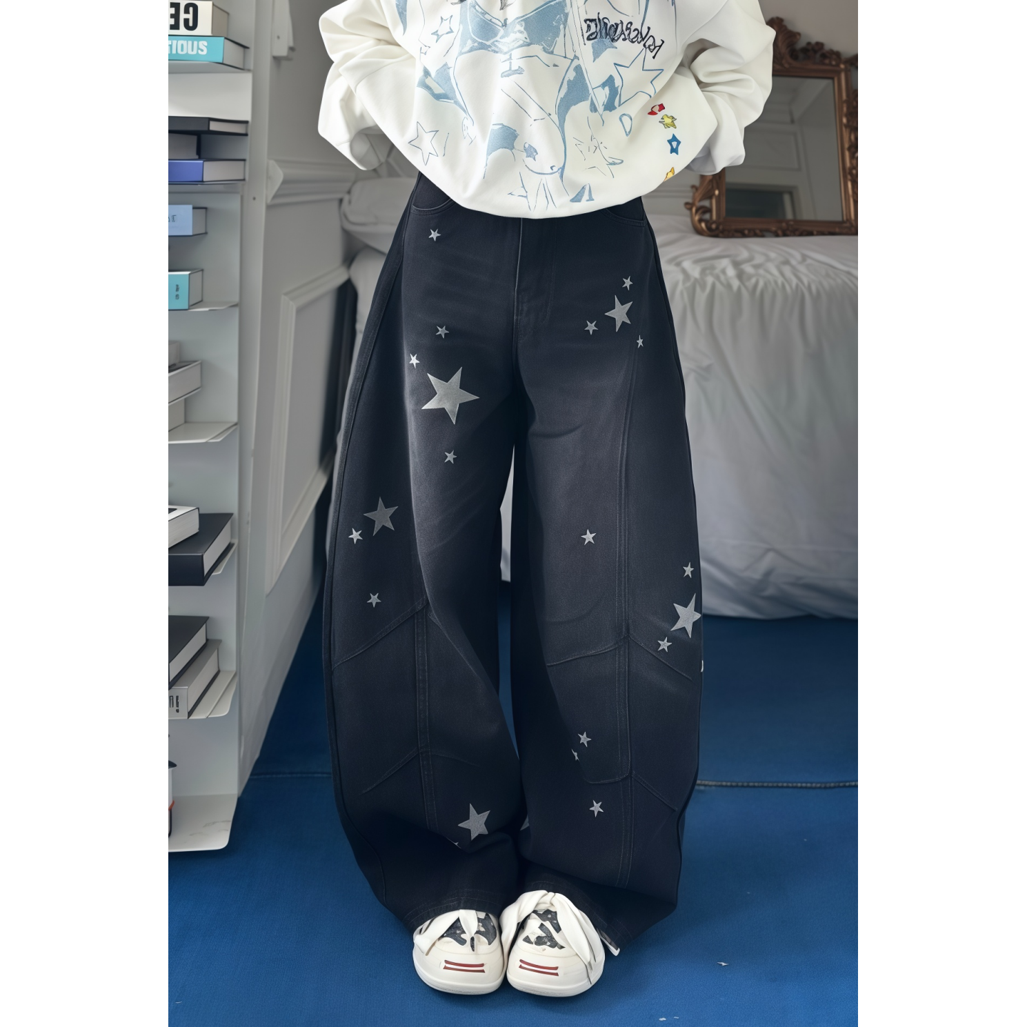 美式复古星星印花解构牛仔裤女秋冬季25新款宽松显瘦垂感阔腿长裤