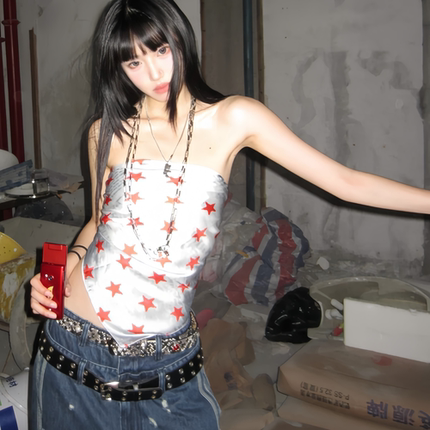 美式多巴胺辣妹星星印花纯欲吊带背心外穿短款设计显瘦紧身上衣女