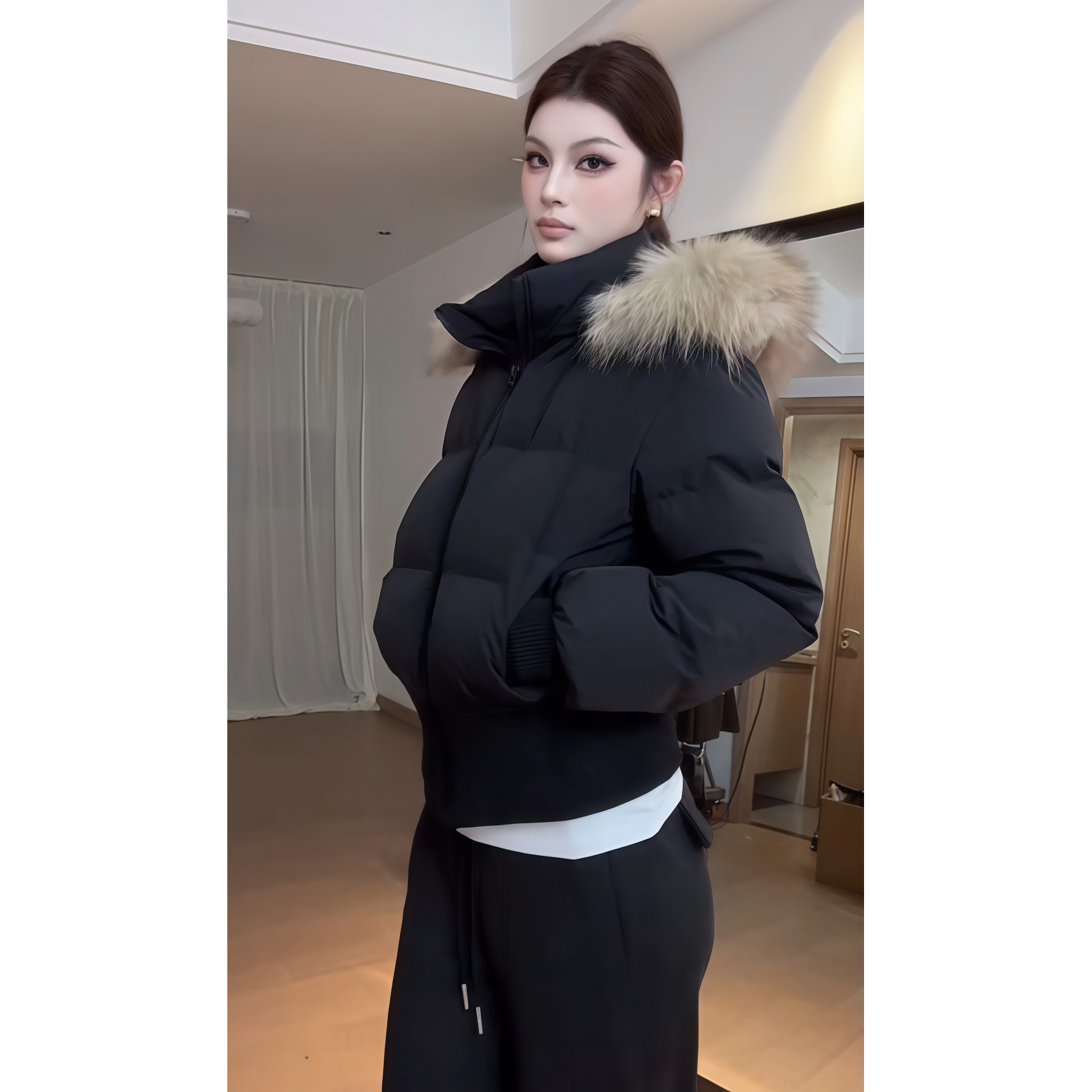 原SUN11 STUDIO大毛领黑色女2025冬季收腰短款加厚面包服棉衣外套