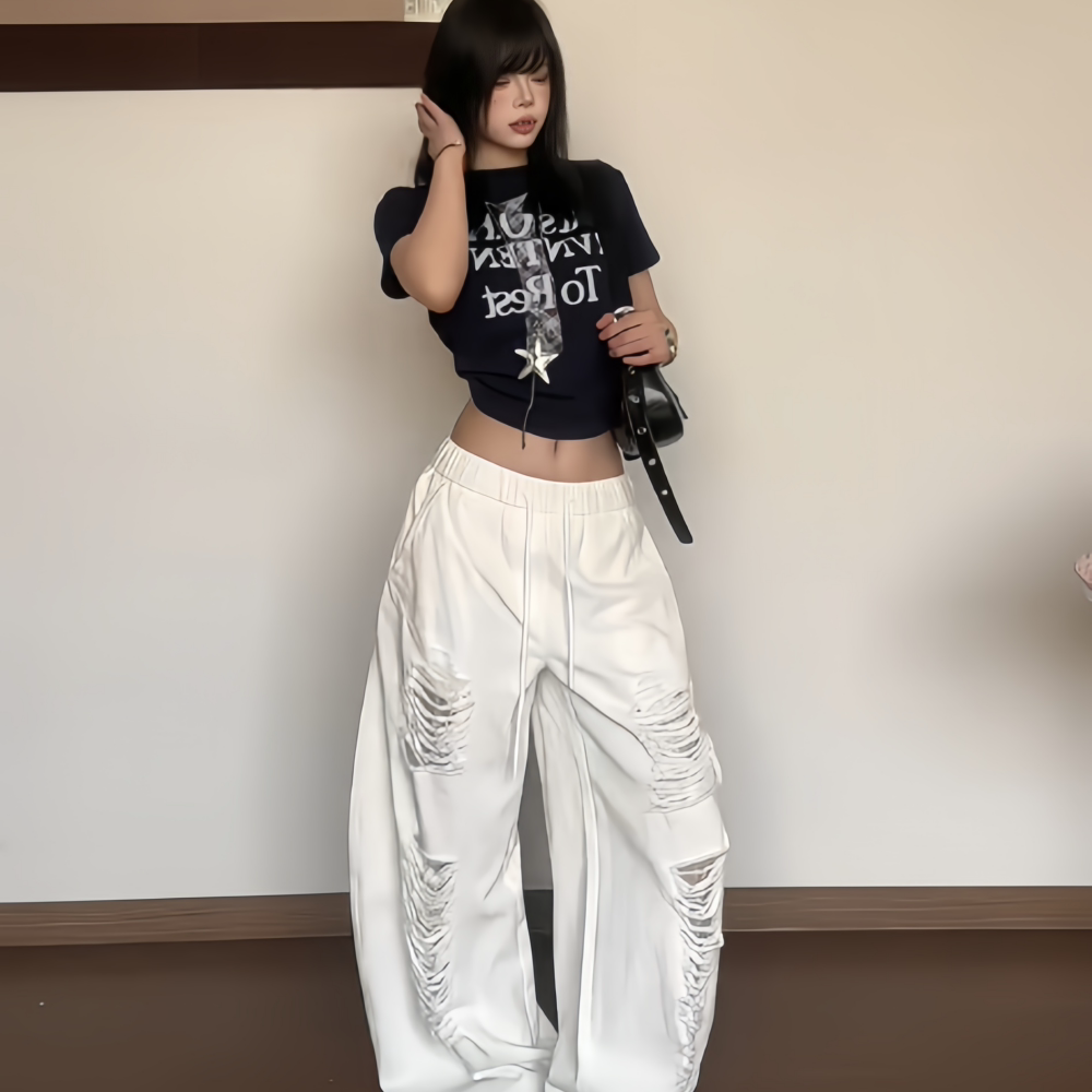 美式复古辣妹破洞休闲裤女夏季2025新款抽绳松紧腰宽松直筒阔腿裤