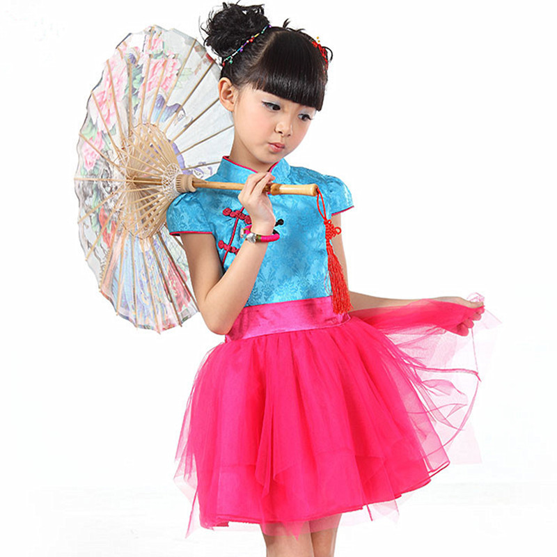 童装女童连衣裙新款民族风旗袍蓬蓬礼服儿童蕾丝连衣裙表演出礼服