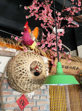 山庄包间大厅壁饰品家禽鸡笼竹编