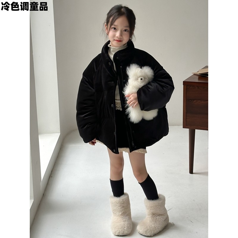 冬季新款中大童女童丝绒立领棉衣外套儿童中长款加厚手塞棉面包服