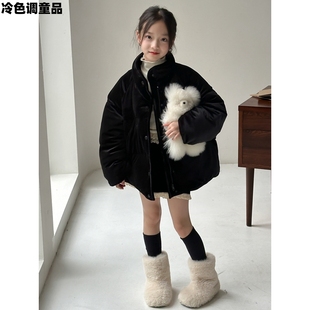 冬季新款中大童女童丝绒立领棉衣外套儿童中长款加厚手塞棉面包服