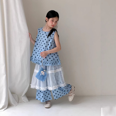 女童韩版圆点花边背心两件套