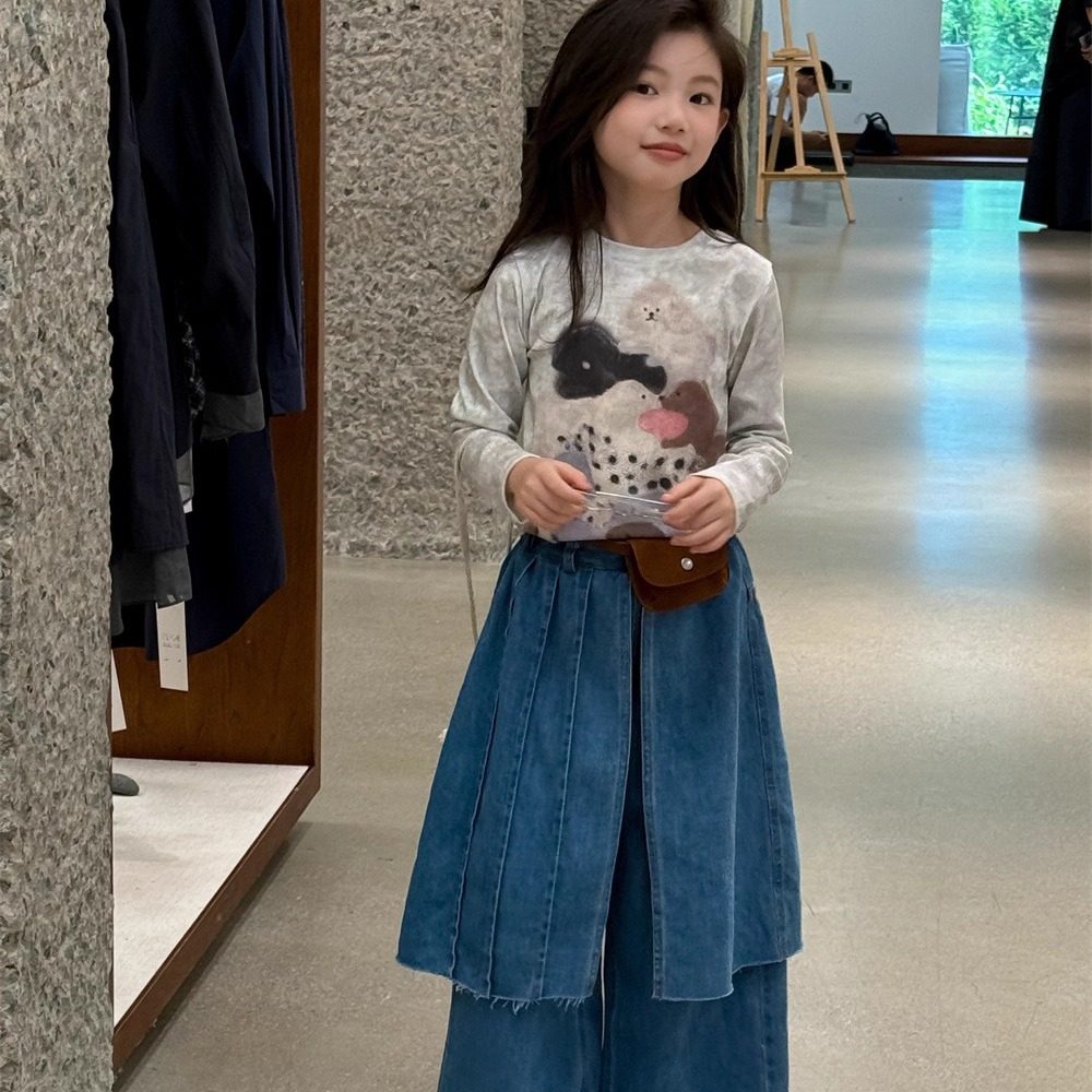 秋季新款韩版女童长袖卡通T恤+中大童假两件设计牛仔裤个性阔腿裤