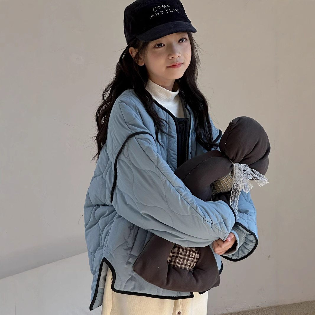 冬季新款女童撞色宽松版阔型绗缝夹棉棉服中大童加绒短款棉衣外套