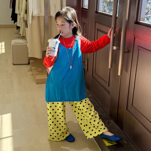 26春夏季韩版女童针织吊带百搭时尚叠穿搭配背心+黄色波点休闲裤